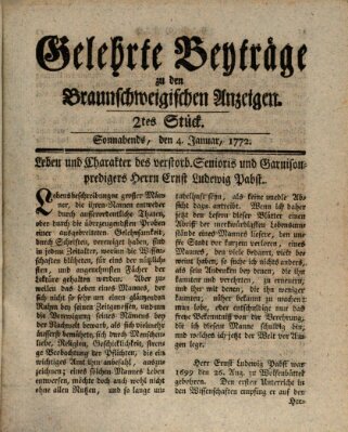 Braunschweigische Anzeigen. Gelehrte Beyträge zu den Braunschweigischen Anzeigen (Braunschweigische Anzeigen) Samstag 4. Januar 1772