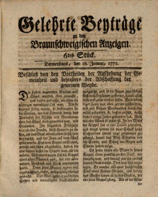 Braunschweigische Anzeigen. Gelehrte Beyträge zu den Braunschweigischen Anzeigen (Braunschweigische Anzeigen) Samstag 18. Januar 1772