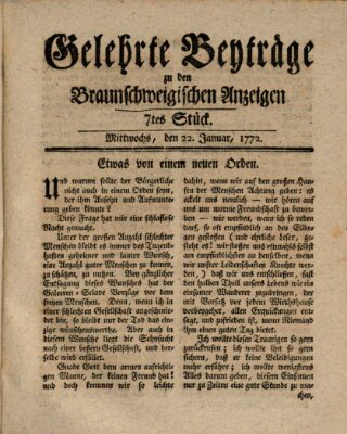 Braunschweigische Anzeigen. Gelehrte Beyträge zu den Braunschweigischen Anzeigen (Braunschweigische Anzeigen) Mittwoch 22. Januar 1772