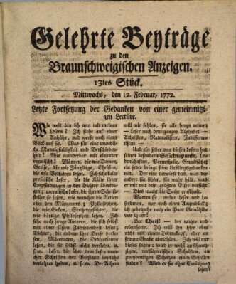 Braunschweigische Anzeigen. Gelehrte Beyträge zu den Braunschweigischen Anzeigen (Braunschweigische Anzeigen) Mittwoch 12. Februar 1772