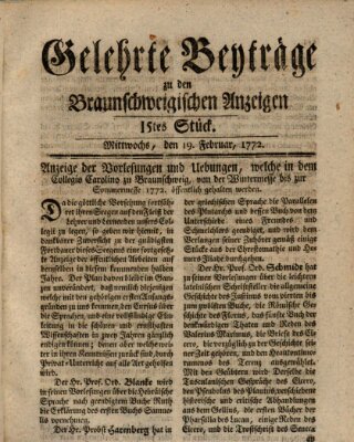 Braunschweigische Anzeigen. Gelehrte Beyträge zu den Braunschweigischen Anzeigen (Braunschweigische Anzeigen) Mittwoch 19. Februar 1772