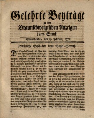 Braunschweigische Anzeigen. Gelehrte Beyträge zu den Braunschweigischen Anzeigen (Braunschweigische Anzeigen) Samstag 29. Februar 1772