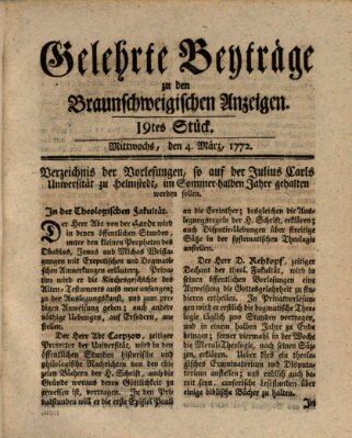 Braunschweigische Anzeigen. Gelehrte Beyträge zu den Braunschweigischen Anzeigen (Braunschweigische Anzeigen) Mittwoch 4. März 1772