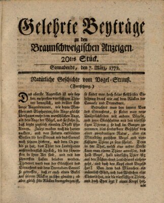 Braunschweigische Anzeigen. Gelehrte Beyträge zu den Braunschweigischen Anzeigen (Braunschweigische Anzeigen) Samstag 7. März 1772