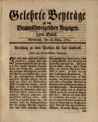 Braunschweigische Anzeigen. Gelehrte Beyträge zu den Braunschweigischen Anzeigen (Braunschweigische Anzeigen) Mittwoch 18. März 1772