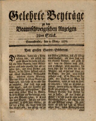 Braunschweigische Anzeigen. Gelehrte Beyträge zu den Braunschweigischen Anzeigen (Braunschweigische Anzeigen) Samstag 2. Mai 1772