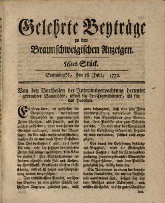 Braunschweigische Anzeigen. Gelehrte Beyträge zu den Braunschweigischen Anzeigen (Braunschweigische Anzeigen) Samstag 18. Juli 1772