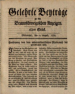 Braunschweigische Anzeigen. Gelehrte Beyträge zu den Braunschweigischen Anzeigen (Braunschweigische Anzeigen) Mittwoch 12. August 1772