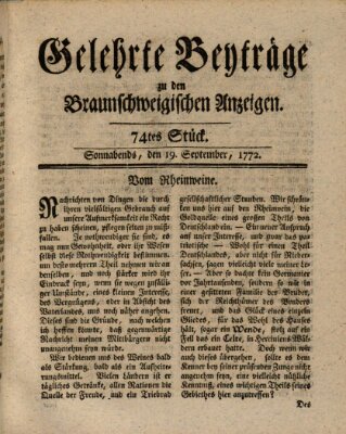 Braunschweigische Anzeigen. Gelehrte Beyträge zu den Braunschweigischen Anzeigen (Braunschweigische Anzeigen) Samstag 19. September 1772