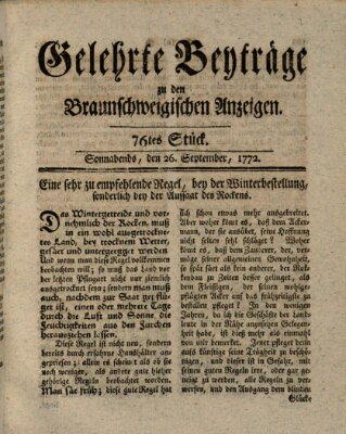 Braunschweigische Anzeigen. Gelehrte Beyträge zu den Braunschweigischen Anzeigen (Braunschweigische Anzeigen) Samstag 26. September 1772