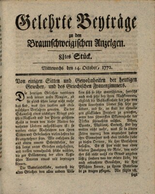 Braunschweigische Anzeigen. Gelehrte Beyträge zu den Braunschweigischen Anzeigen (Braunschweigische Anzeigen) Mittwoch 14. Oktober 1772