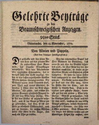 Braunschweigische Anzeigen. Gelehrte Beyträge zu den Braunschweigischen Anzeigen (Braunschweigische Anzeigen) Mittwoch 18. November 1772