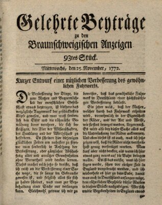 Braunschweigische Anzeigen. Gelehrte Beyträge zu den Braunschweigischen Anzeigen (Braunschweigische Anzeigen) Mittwoch 25. November 1772