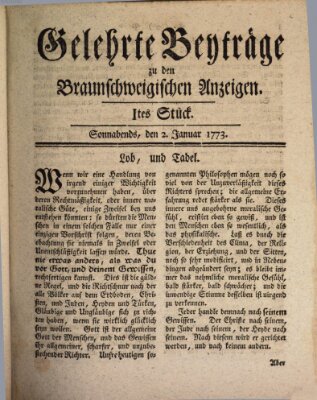 Braunschweigische Anzeigen. Gelehrte Beyträge zu den Braunschweigischen Anzeigen (Braunschweigische Anzeigen) Samstag 2. Januar 1773