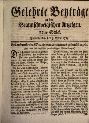 Braunschweigische Anzeigen. Gelehrte Beyträge zu den Braunschweigischen Anzeigen (Braunschweigische Anzeigen) Samstag 3. April 1773