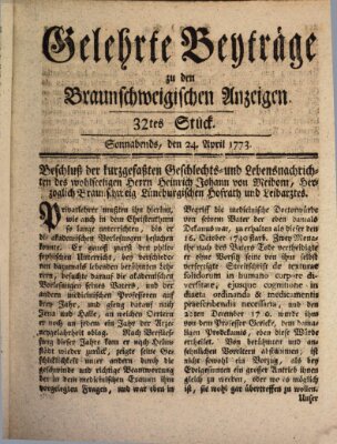 Braunschweigische Anzeigen. Gelehrte Beyträge zu den Braunschweigischen Anzeigen (Braunschweigische Anzeigen) Samstag 24. April 1773