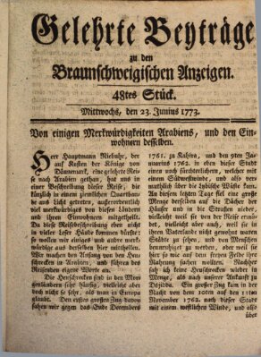 Braunschweigische Anzeigen. Gelehrte Beyträge zu den Braunschweigischen Anzeigen (Braunschweigische Anzeigen) Mittwoch 23. Juni 1773