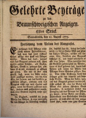 Braunschweigische Anzeigen. Gelehrte Beyträge zu den Braunschweigischen Anzeigen (Braunschweigische Anzeigen) Samstag 21. August 1773