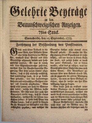 Braunschweigische Anzeigen. Gelehrte Beyträge zu den Braunschweigischen Anzeigen (Braunschweigische Anzeigen) Samstag 25. September 1773