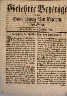 Braunschweigische Anzeigen. Gelehrte Beyträge zu den Braunschweigischen Anzeigen (Braunschweigische Anzeigen) Samstag 2. Oktober 1773