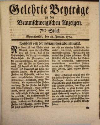 Braunschweigische Anzeigen. Gelehrte Beyträge zu den Braunschweigischen Anzeigen (Braunschweigische Anzeigen) Samstag 22. Januar 1774