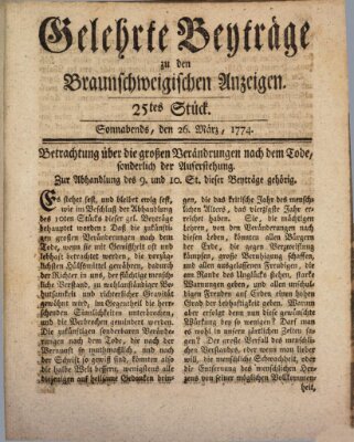 Braunschweigische Anzeigen. Gelehrte Beyträge zu den Braunschweigischen Anzeigen (Braunschweigische Anzeigen) Samstag 26. März 1774