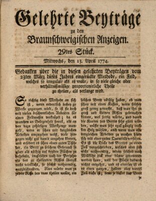 Braunschweigische Anzeigen. Gelehrte Beyträge zu den Braunschweigischen Anzeigen (Braunschweigische Anzeigen) Mittwoch 13. April 1774