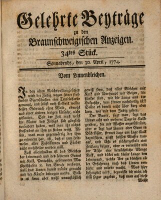 Braunschweigische Anzeigen. Gelehrte Beyträge zu den Braunschweigischen Anzeigen (Braunschweigische Anzeigen) Samstag 30. April 1774