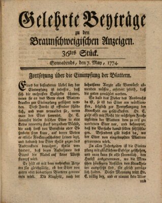 Braunschweigische Anzeigen. Gelehrte Beyträge zu den Braunschweigischen Anzeigen (Braunschweigische Anzeigen) Samstag 7. Mai 1774