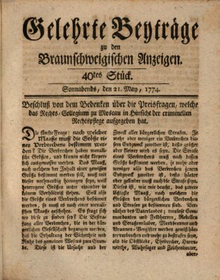 Braunschweigische Anzeigen. Gelehrte Beyträge zu den Braunschweigischen Anzeigen (Braunschweigische Anzeigen) Samstag 21. Mai 1774