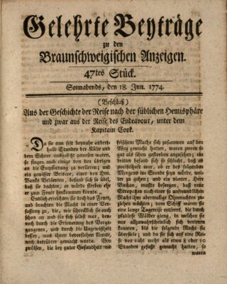 Braunschweigische Anzeigen. Gelehrte Beyträge zu den Braunschweigischen Anzeigen (Braunschweigische Anzeigen) Samstag 18. Juni 1774