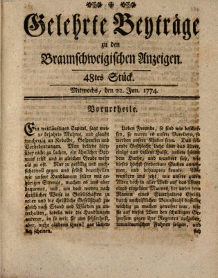 Braunschweigische Anzeigen. Gelehrte Beyträge zu den Braunschweigischen Anzeigen (Braunschweigische Anzeigen) Mittwoch 22. Juni 1774