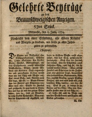 Braunschweigische Anzeigen. Gelehrte Beyträge zu den Braunschweigischen Anzeigen (Braunschweigische Anzeigen) Mittwoch 6. Juli 1774