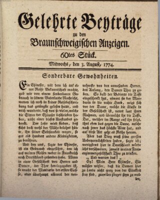 Braunschweigische Anzeigen. Gelehrte Beyträge zu den Braunschweigischen Anzeigen (Braunschweigische Anzeigen) Mittwoch 3. August 1774