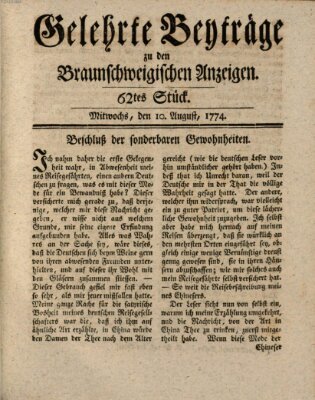 Braunschweigische Anzeigen. Gelehrte Beyträge zu den Braunschweigischen Anzeigen (Braunschweigische Anzeigen) Mittwoch 10. August 1774