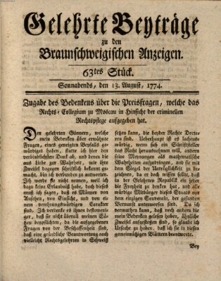 Braunschweigische Anzeigen. Gelehrte Beyträge zu den Braunschweigischen Anzeigen (Braunschweigische Anzeigen) Samstag 13. August 1774