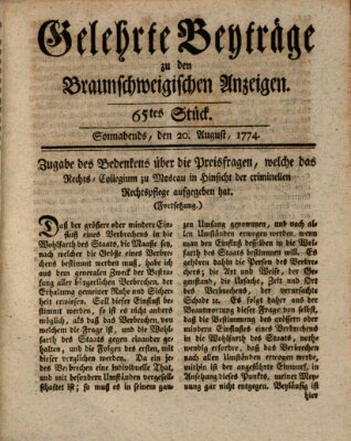 Braunschweigische Anzeigen. Gelehrte Beyträge zu den Braunschweigischen Anzeigen (Braunschweigische Anzeigen) Samstag 20. August 1774