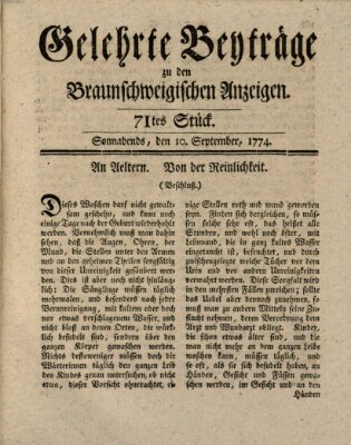 Braunschweigische Anzeigen. Gelehrte Beyträge zu den Braunschweigischen Anzeigen (Braunschweigische Anzeigen) Samstag 10. September 1774