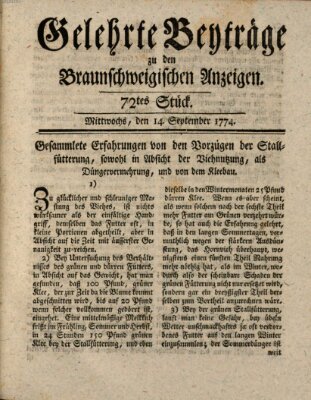 Braunschweigische Anzeigen. Gelehrte Beyträge zu den Braunschweigischen Anzeigen (Braunschweigische Anzeigen) Mittwoch 14. September 1774