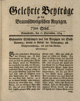 Braunschweigische Anzeigen. Gelehrte Beyträge zu den Braunschweigischen Anzeigen (Braunschweigische Anzeigen) Samstag 17. September 1774