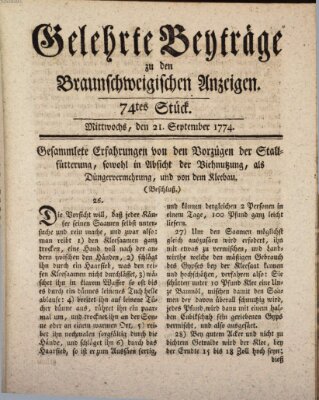 Braunschweigische Anzeigen. Gelehrte Beyträge zu den Braunschweigischen Anzeigen (Braunschweigische Anzeigen) Mittwoch 21. September 1774