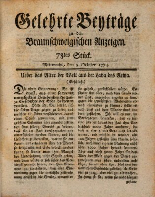 Braunschweigische Anzeigen. Gelehrte Beyträge zu den Braunschweigischen Anzeigen (Braunschweigische Anzeigen) Mittwoch 5. Oktober 1774