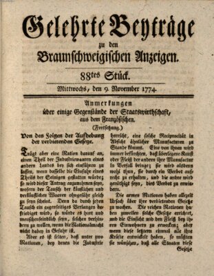 Braunschweigische Anzeigen. Gelehrte Beyträge zu den Braunschweigischen Anzeigen (Braunschweigische Anzeigen) Mittwoch 9. November 1774