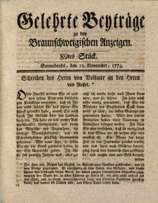 Braunschweigische Anzeigen. Gelehrte Beyträge zu den Braunschweigischen Anzeigen (Braunschweigische Anzeigen) Samstag 12. November 1774