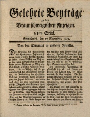 Braunschweigische Anzeigen. Gelehrte Beyträge zu den Braunschweigischen Anzeigen (Braunschweigische Anzeigen) Samstag 19. November 1774