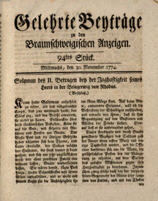 Braunschweigische Anzeigen. Gelehrte Beyträge zu den Braunschweigischen Anzeigen (Braunschweigische Anzeigen) Mittwoch 30. November 1774