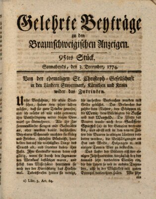 Braunschweigische Anzeigen. Gelehrte Beyträge zu den Braunschweigischen Anzeigen (Braunschweigische Anzeigen) Samstag 3. Dezember 1774