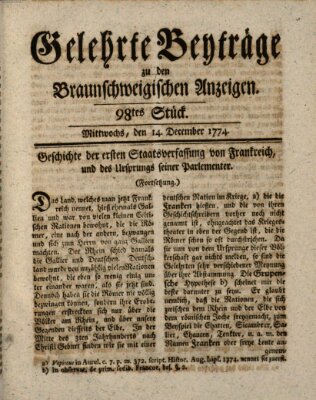 Braunschweigische Anzeigen. Gelehrte Beyträge zu den Braunschweigischen Anzeigen (Braunschweigische Anzeigen) Mittwoch 14. Dezember 1774