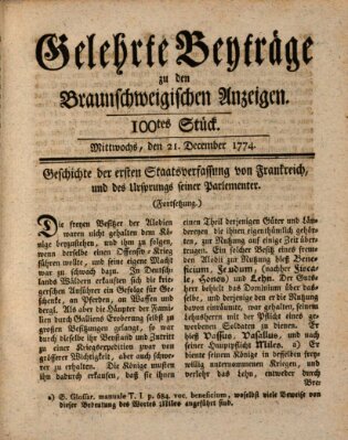 Braunschweigische Anzeigen. Gelehrte Beyträge zu den Braunschweigischen Anzeigen (Braunschweigische Anzeigen) Mittwoch 21. Dezember 1774