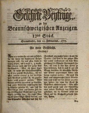 Braunschweigische Anzeigen. Gelehrte Beyträge zu den Braunschweigischen Anzeigen (Braunschweigische Anzeigen) Samstag 11. Februar 1775